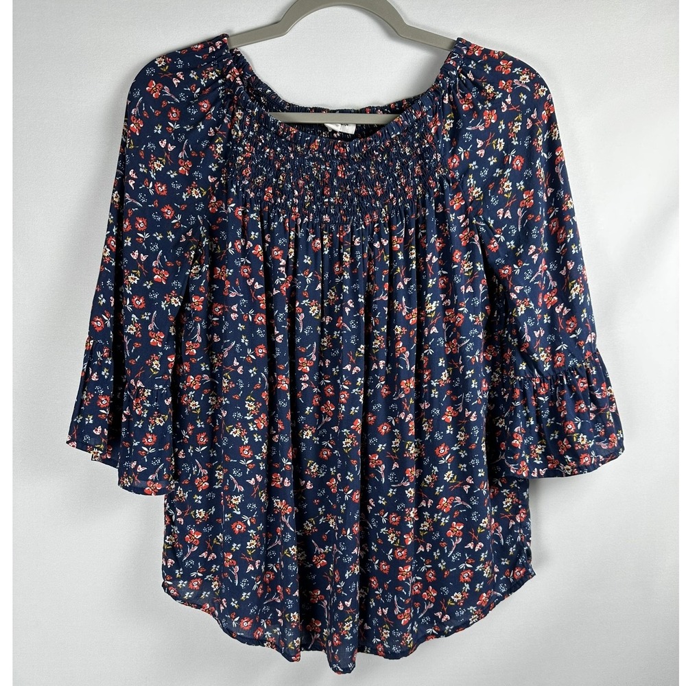 Beach Lunch Lounge Floral Smocked Blouse XS Navy Blue Bell Sleeve Boho Peasant